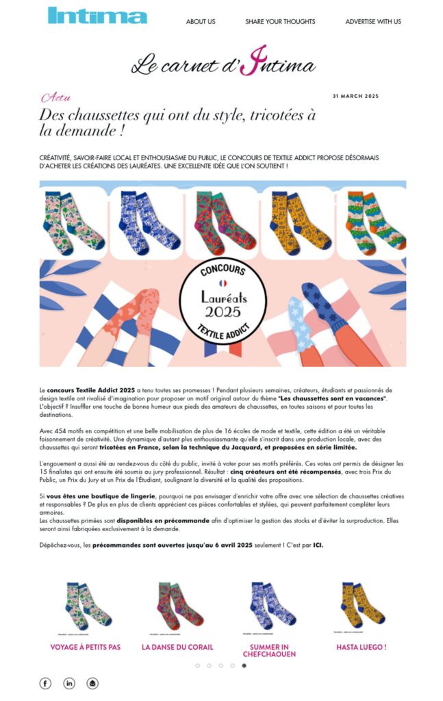 article presse publié dans Intima mars concours textile addict 2025
