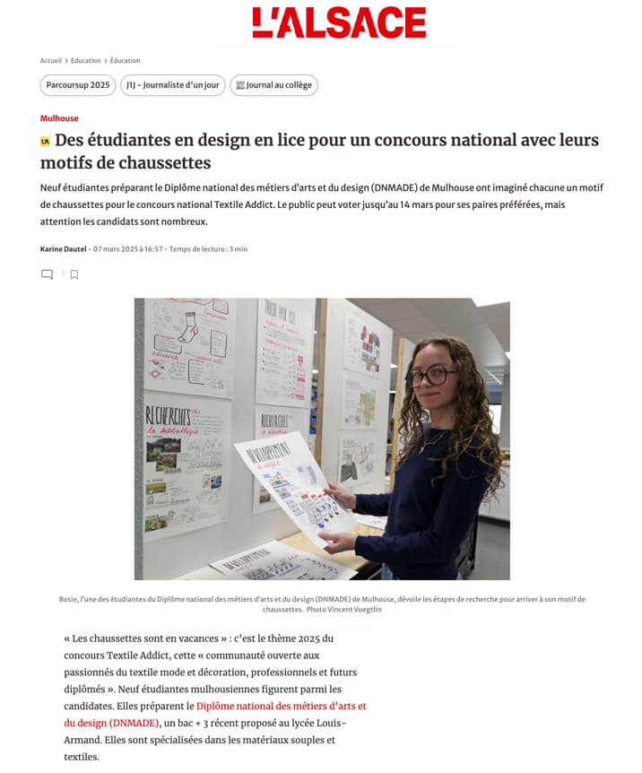 article presse publié dans l'alsace concours textile addict 2025