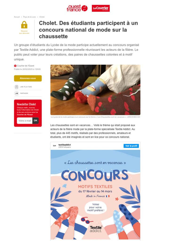 article presse publié dans ouest france fevrier concours textile addict 2025