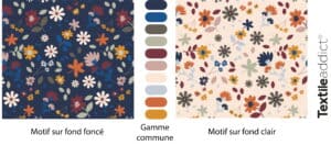 exemples de gammes de couleurs du concours 2026 de textile addict avec des fonds de couleurs clairs ou foncés